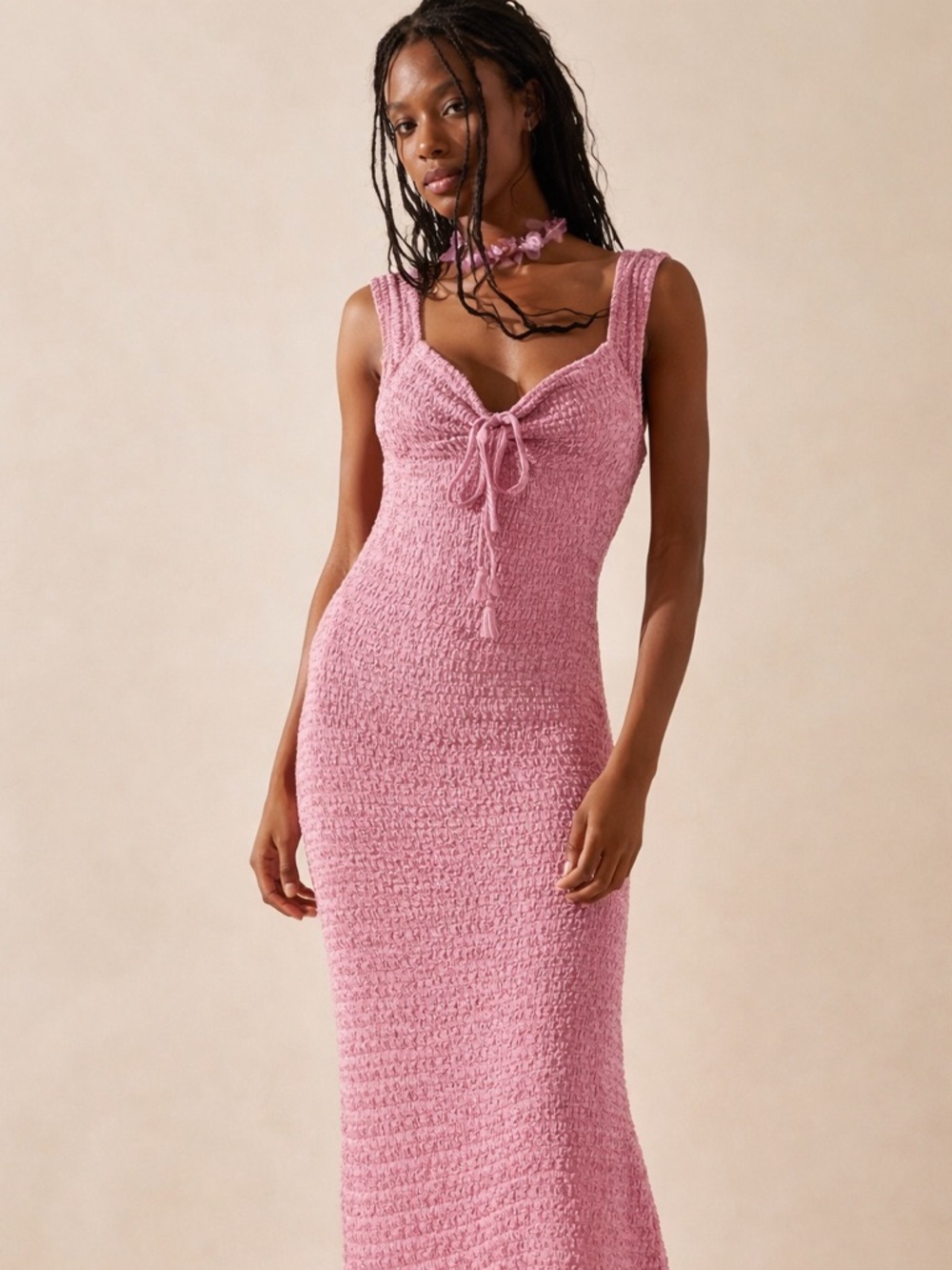 See you Monday | M | Waffle Pink Sleeveless Tie-Front Maxi Dress
